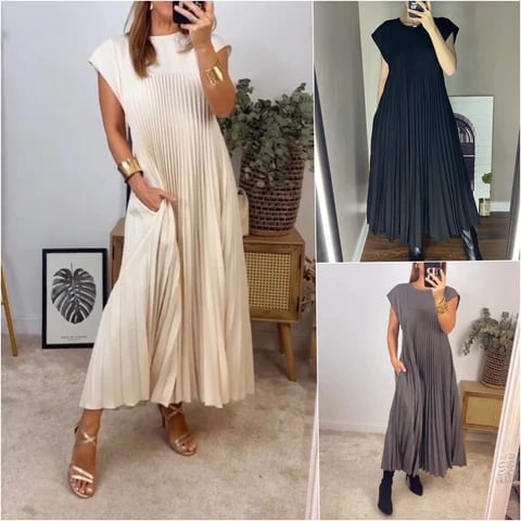 💥50% Rabatt 👗 Damen plissiertes einfaches einfarbiges Kleid