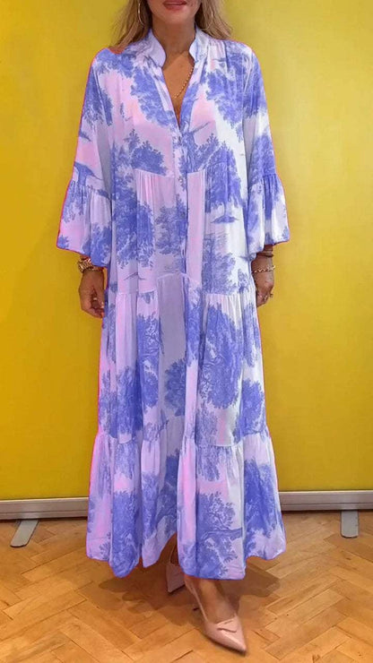 Sommerliches Maxikleid mit V-Ausschnitt und Waldmuster für Damen