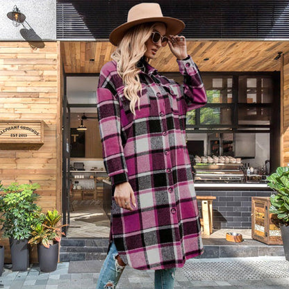 🎁[Bestes Geschenk für sie] Damen Karo Print Langarm Warm Tweed Mantel