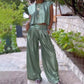 Damen 2-teilige Outfits Glänzendes Weites Crop Top & Weite Hosen mit Taschen