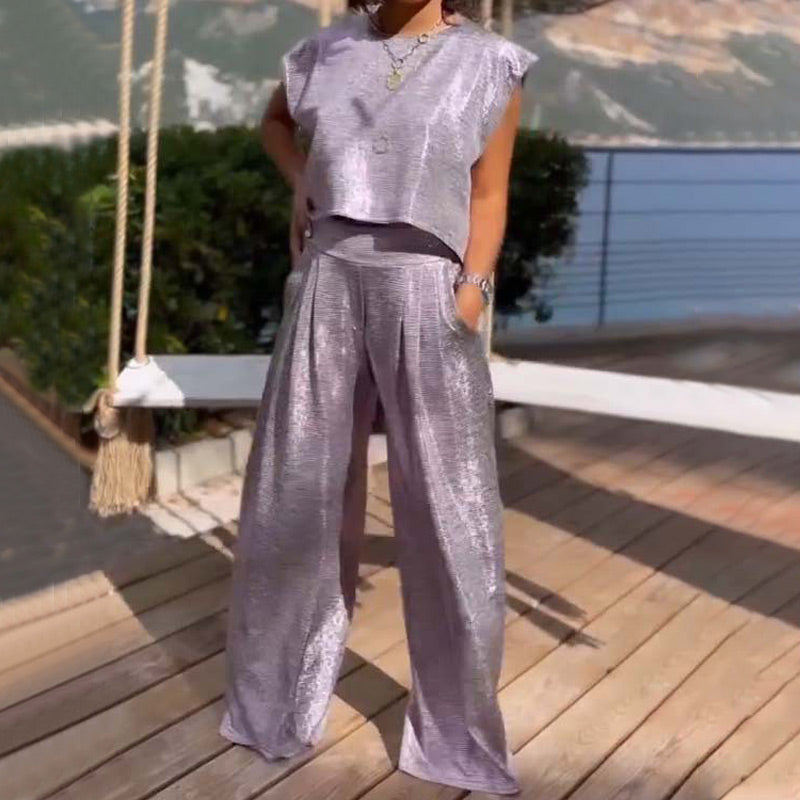 Damen 2-teilige Outfits Glänzendes Weites Crop Top & Weite Hosen mit Taschen