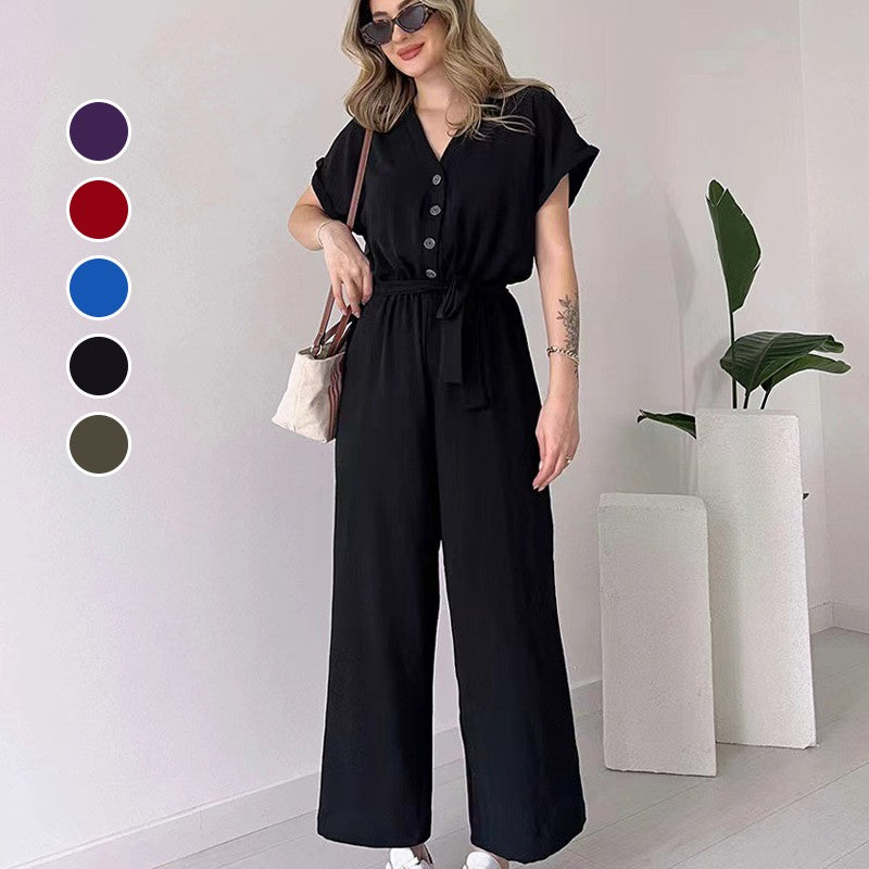 💥50% RABATT🌷Lässiger Jumpsuit mit V-Ausschnitt und kurzen Ärmeln für Damen