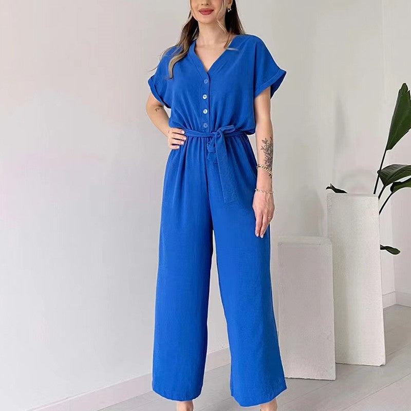 💥50% RABATT🌷Lässiger Jumpsuit mit V-Ausschnitt und kurzen Ärmeln für Damen