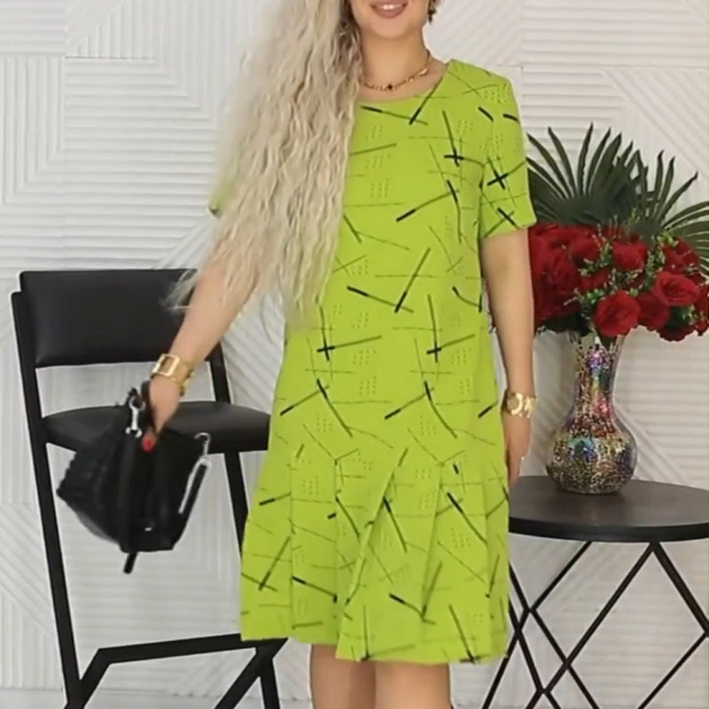 💕50% RABATT🥰Damen Trendy Print Lose Passform Kurzärmeliges Plissee-Kleid