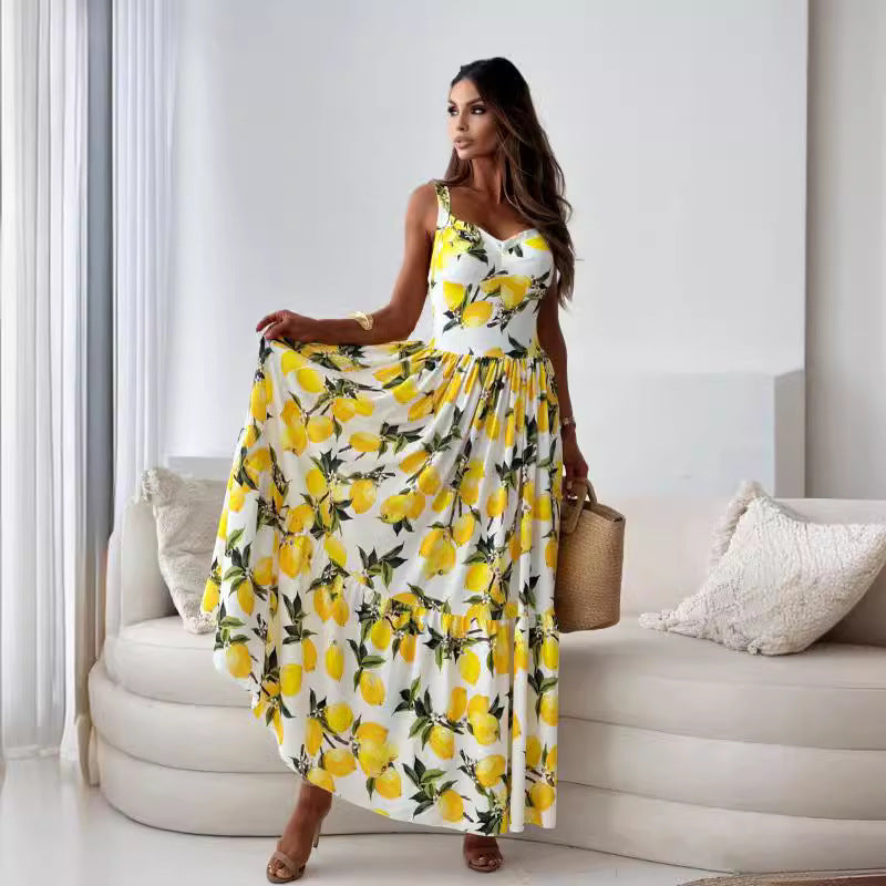 💕50% RABATT🍋Elegantes langes Kleid mit Spaghettiträgern und Zitronendruck für Frauen