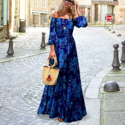 Women’s Elegant Off Shoulder Floral Print Flowy Long Dress