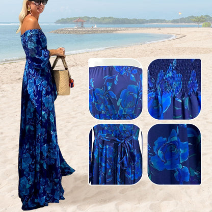 Women’s Elegant Off Shoulder Floral Print Flowy Long Dress