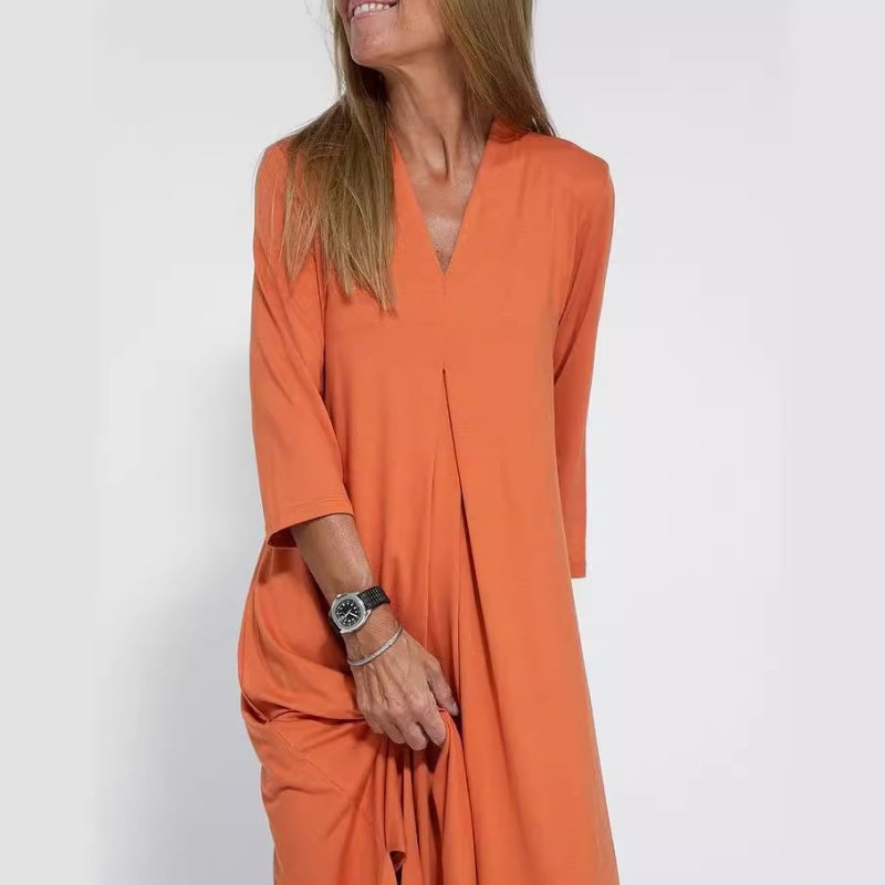 💥50% RABATT💕Solides Kleid mit V-Ausschnitt und 3/4-Ärmeln und Schlitzen