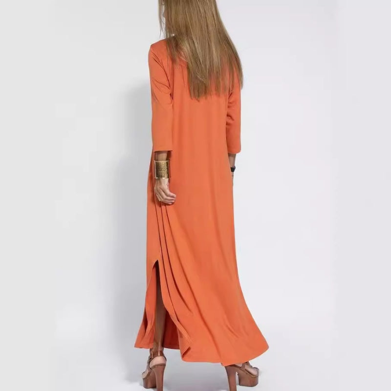 💥50% RABATT💕Solides Kleid mit V-Ausschnitt und 3/4-Ärmeln und Schlitzen