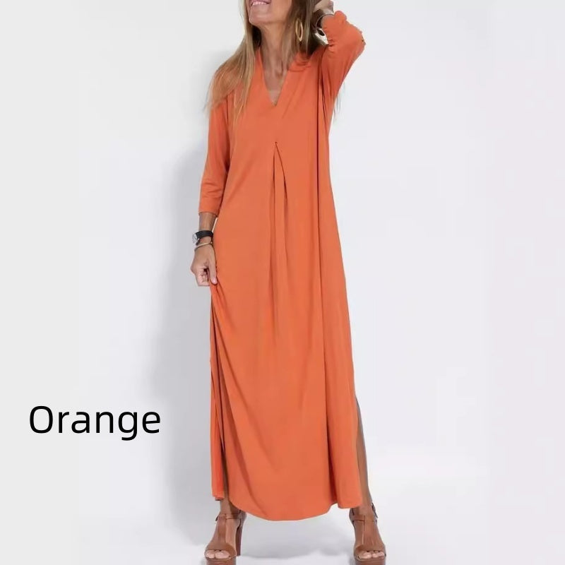 💥50% RABATT💕Solides Kleid mit V-Ausschnitt und 3/4-Ärmeln und Schlitzen