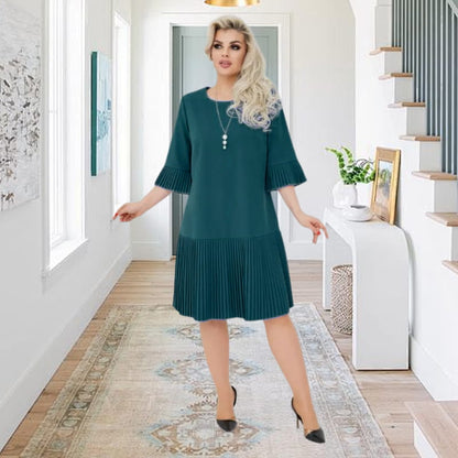 💥Spätsommerschlussverkauf 58% RABATT👗Solides Damen-Rundhals-Kleid mit halben Ärmeln und Plissee