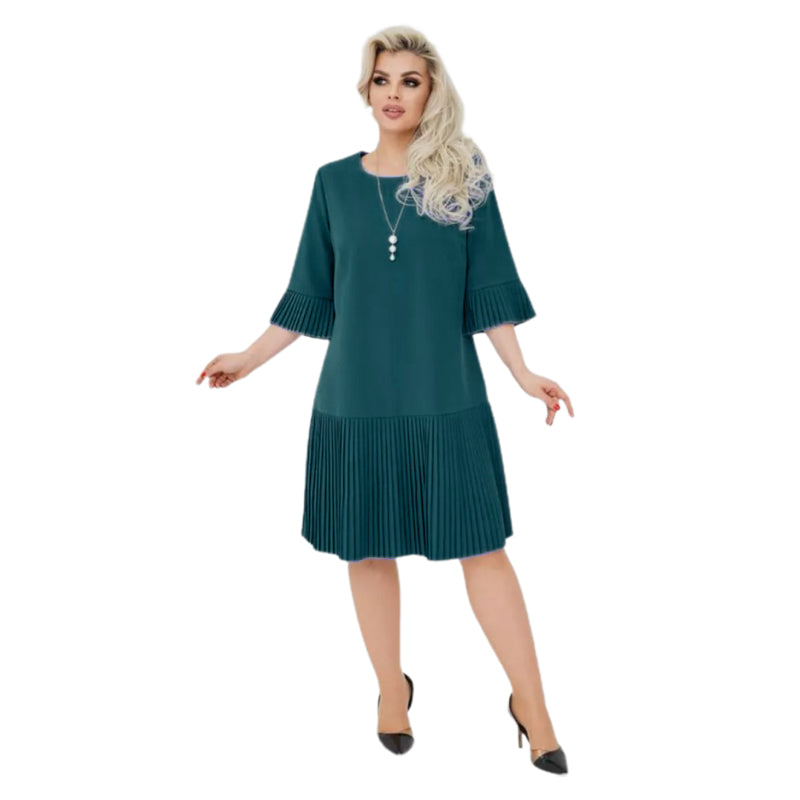 💥Spätsommerschlussverkauf 58% RABATT👗Solides Damen-Rundhals-Kleid mit halben Ärmeln und Plissee