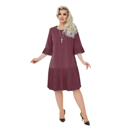 💥Spätsommerschlussverkauf 58% RABATT👗Solides Damen-Rundhals-Kleid mit halben Ärmeln und Plissee