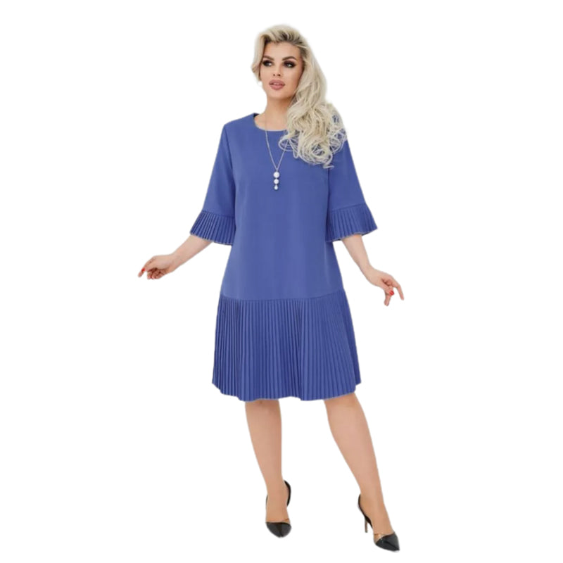 💥Spätsommerschlussverkauf 58% RABATT👗Solides Damen-Rundhals-Kleid mit halben Ärmeln und Plissee