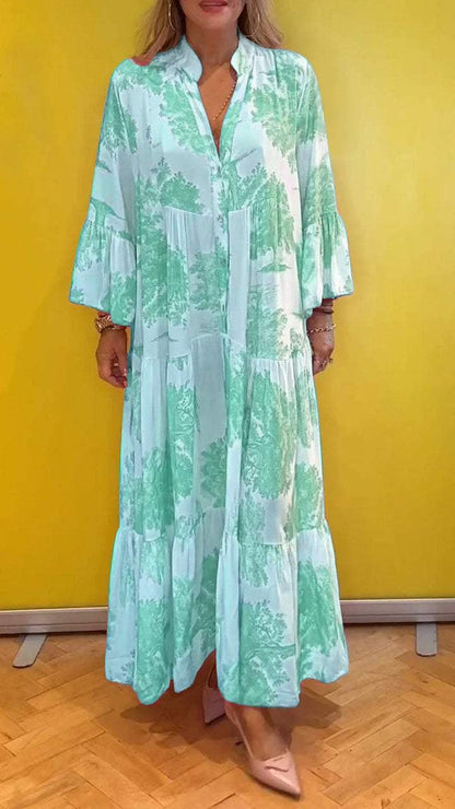 Sommerliches Maxikleid mit V-Ausschnitt und Waldmuster für Damen