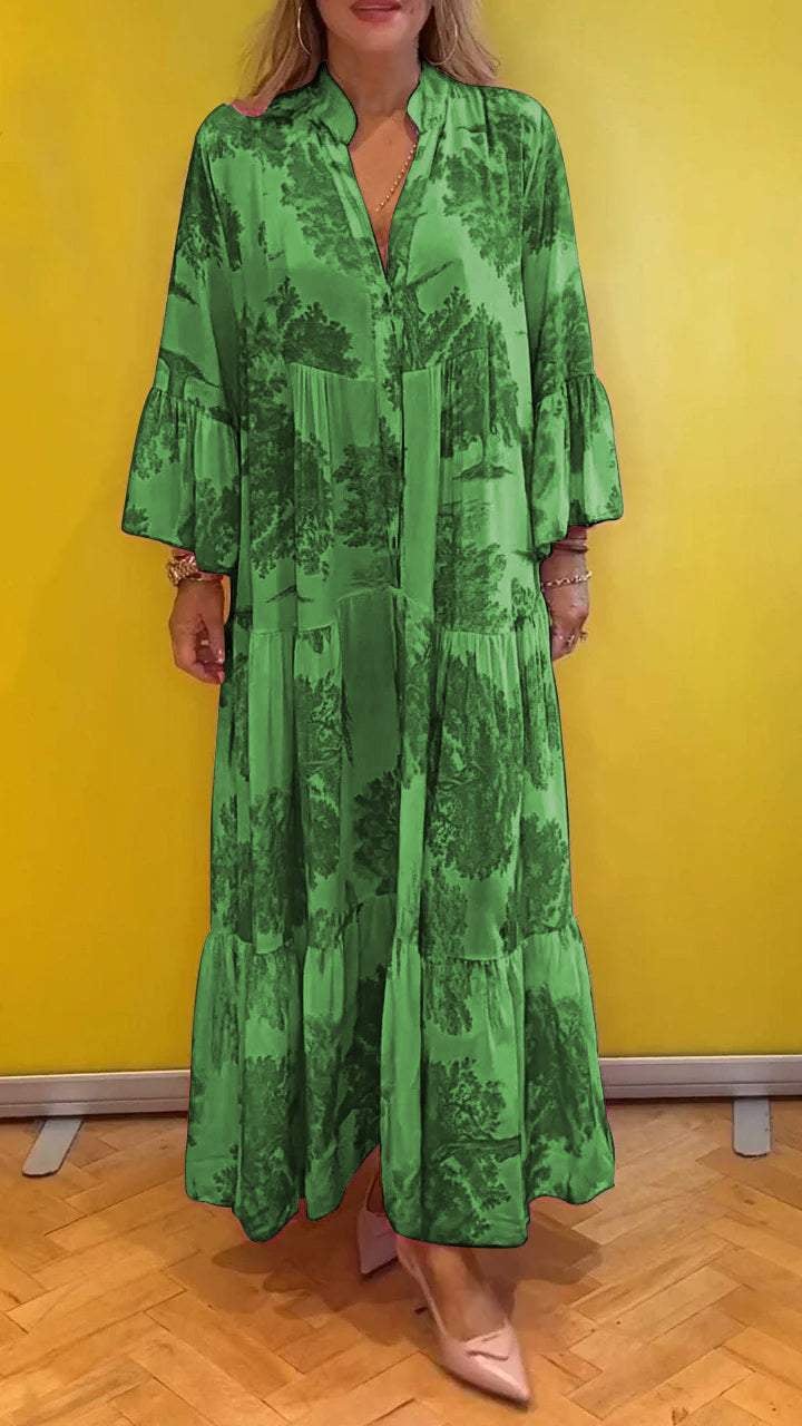 Sommerliches Maxikleid mit V-Ausschnitt und Waldmuster für Damen