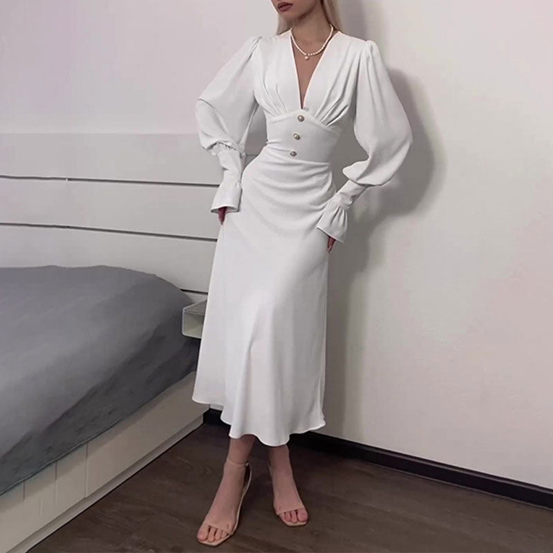 Women's V-Neck Long Lantern Sleeve Dress