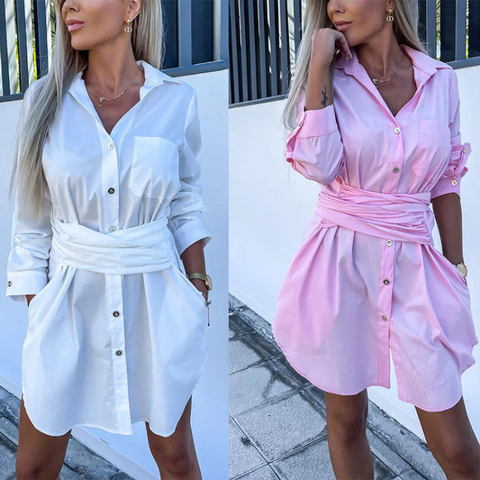 💥Spätsommerschlussverkauf 50% RABATT💕Damen Trendy Solid Farbe Krawatte Taille Shirt Kleid