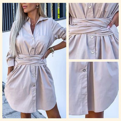 💥Spätsommerschlussverkauf 50% RABATT💕Damen Trendy Solid Farbe Krawatte Taille Shirt Kleid