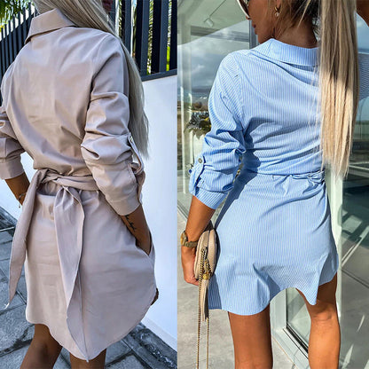 💥Spätsommerschlussverkauf 50% RABATT💕Damen Trendy Solid Farbe Krawatte Taille Shirt Kleid