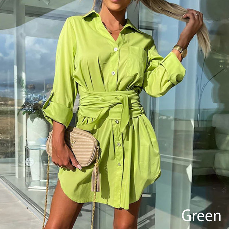 💥Spätsommerschlussverkauf 50% RABATT💕Damen Trendy Solid Farbe Krawatte Taille Shirt Kleid