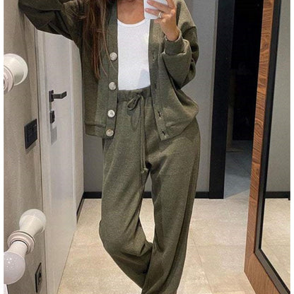 Women's Knitted Buttoned Jacket and Pants Two-piece Set