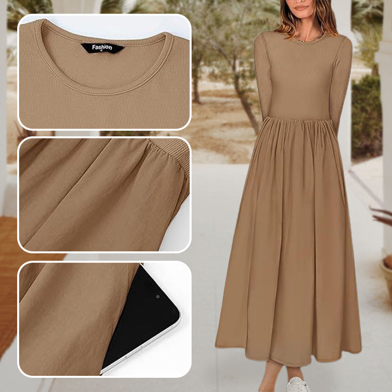 💥Frühherbst-Specials Zeitlich begrenzt 58 % RABATT 💕Elegantes einfarbiges A-Linien-Plissee-Kleid mit Rundhalsausschnitt