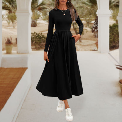 💥Frühherbst-Specials Zeitlich begrenzt 58 % RABATT 💕Elegantes einfarbiges A-Linien-Plissee-Kleid mit Rundhalsausschnitt