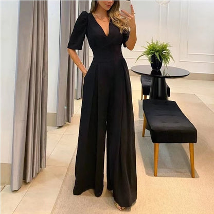 💥Heißer Verkauf 58% Rabatt💕Hochtaillierter Jumpsuit mit weitem Bein in Uni-Farbe für Damen