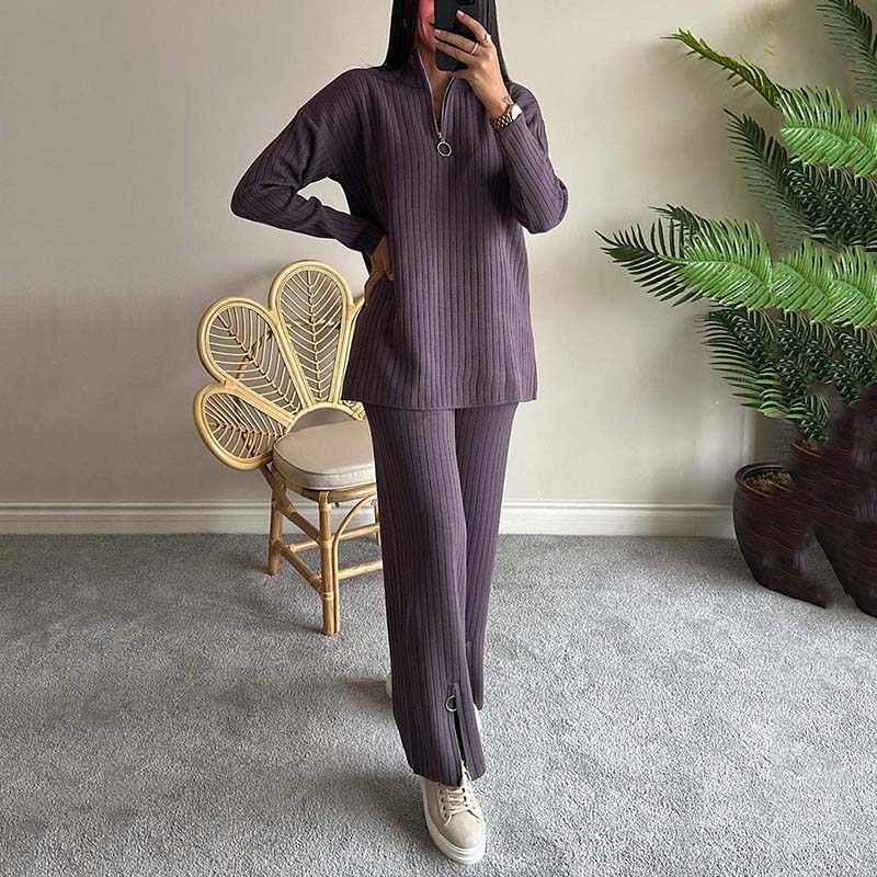 Women's Cozy Ribbed Knit Two-Piece Set with Slit-Leg Pants