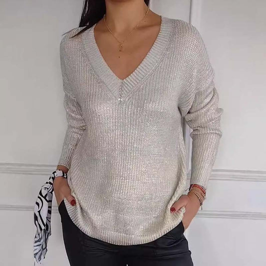 ✨Heißer Verkauf - 58% RABATT✨ Lässiger Strickpullover mit V-Ausschnitt und metallischem Glanz für Damen