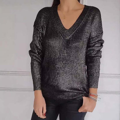 ✨Heißer Verkauf - 58% RABATT✨ Lässiger Strickpullover mit V-Ausschnitt und metallischem Glanz für Damen