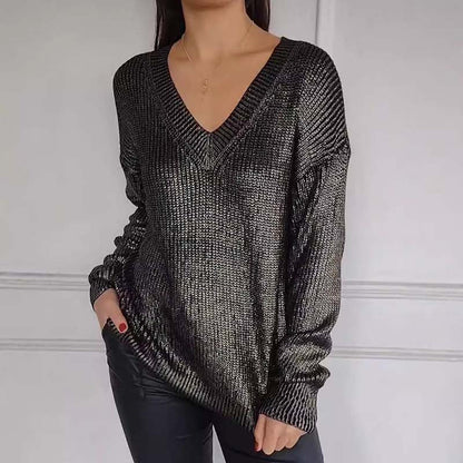 ✨Heißer Verkauf - 58% RABATT✨ Lässiger Strickpullover mit V-Ausschnitt und metallischem Glanz für Damen