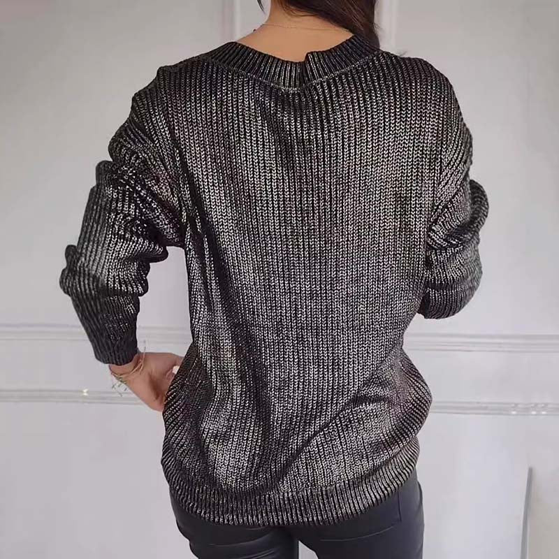 ✨Heißer Verkauf - 58% RABATT✨ Lässiger Strickpullover mit V-Ausschnitt und metallischem Glanz für Damen