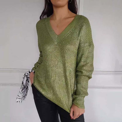 ✨Heißer Verkauf - 58% RABATT✨ Lässiger Strickpullover mit V-Ausschnitt und metallischem Glanz für Damen