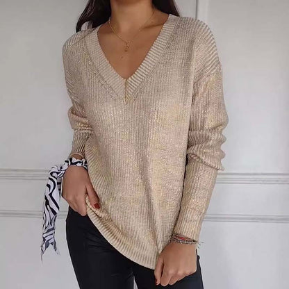 ✨Heißer Verkauf - 58% RABATT✨ Lässiger Strickpullover mit V-Ausschnitt und metallischem Glanz für Damen