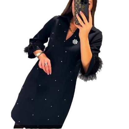 🥳Herbst-Neuankünfte 50% rabatt🥰Kleid mit V-Ausschnitt und Strass-Kunstfeder-Dekoration