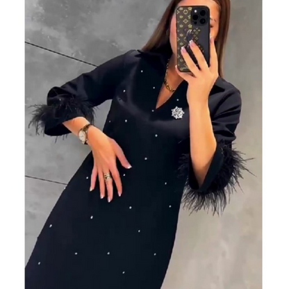 🥳Herbst-Neuankünfte 50% rabatt🥰Kleid mit V-Ausschnitt und Strass-Kunstfeder-Dekoration