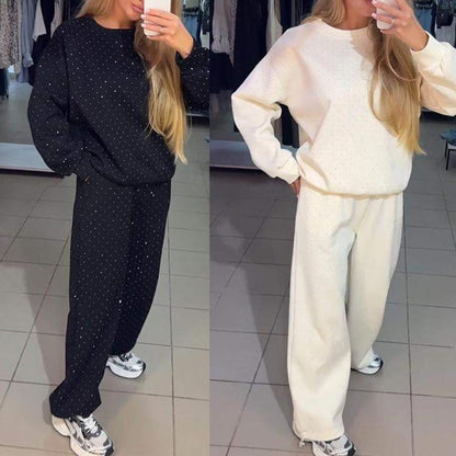 ✨Herbstverkauf 50% rabatt✨Damen Strass Rundhalsausschnitt Casual Sweatshirt und Jogginghosen Zweiteiliges Set