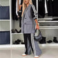Lässiges Patchwork-Doppelreiher-Blazer-Set mit gekerbtem Revers und Hose mit weitem Bein für Damen
