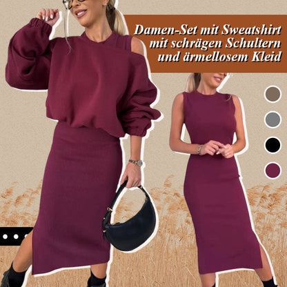 🎅Christmas Promotion 49% OFF🎄🍂Damen-Set mit Sweatshirt mit schrägen Schultern und ärmellosem Kleid