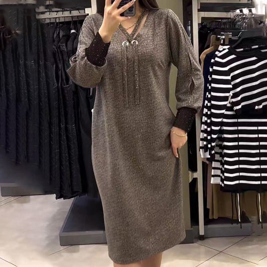 ✨Heiße Neuankömmlinge✨Langärmeliges Kleid mit V-Ausschnitt und Kordelzug für Frauen