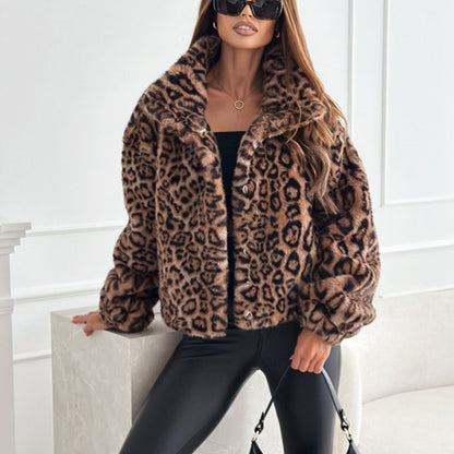 🍂❄️Neu Herbst/Winter🐆Flauschiger Kurzmantel mit Leoparden-Print für Damen