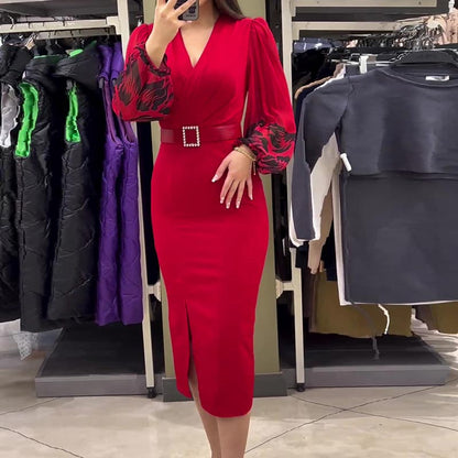 🍁Herbst-Neuankünfte 50% RABATT💃Elegantes Kleid mit V-Ausschnitt für Damen in Rot