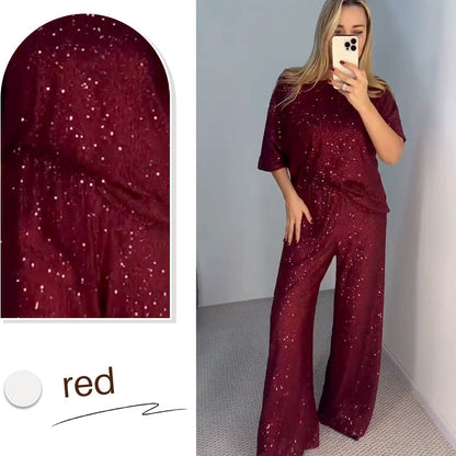 💥Frühjahrsaktion 58% RABATT💖Pailletten-Rundhalsoberteil und weite Hose für Damen✨