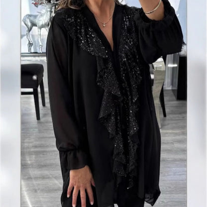 ✨Neuankömmlinge 50% Rabatt✨Damen Pailletten Chiffonbluse mit V-Ausschnitt und langen Ärmeln